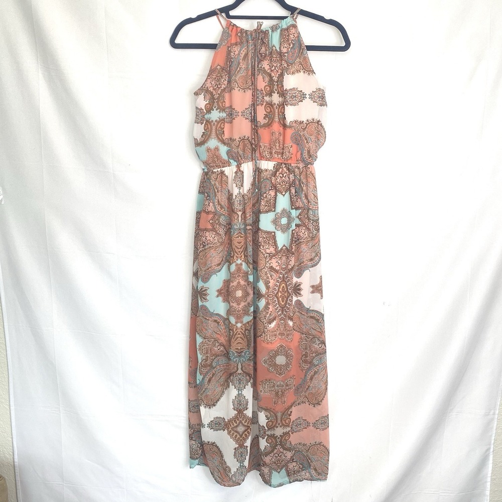Sweet Storm Paisley Halter Maxi Dress Peach Aqua Brown Boho Sleeveless Medium